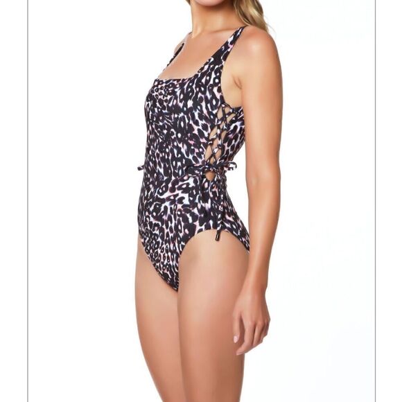 Sanctuary Swim Sz XL Square Neckline High Leg Leopard One Piece Swimsuit New - Picture 3 of 9